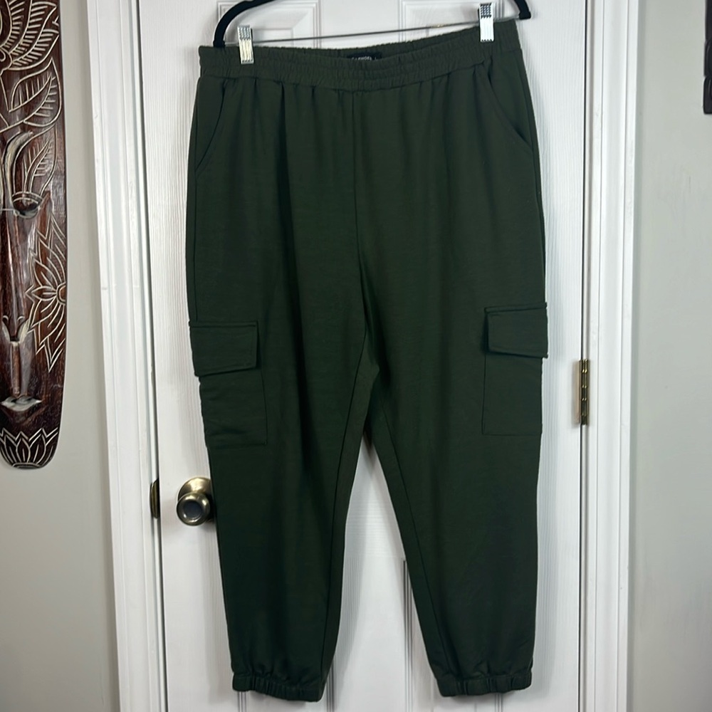 Zoe + Phoebe army green sweatpants with pockets on the legs. Size large. Elastic